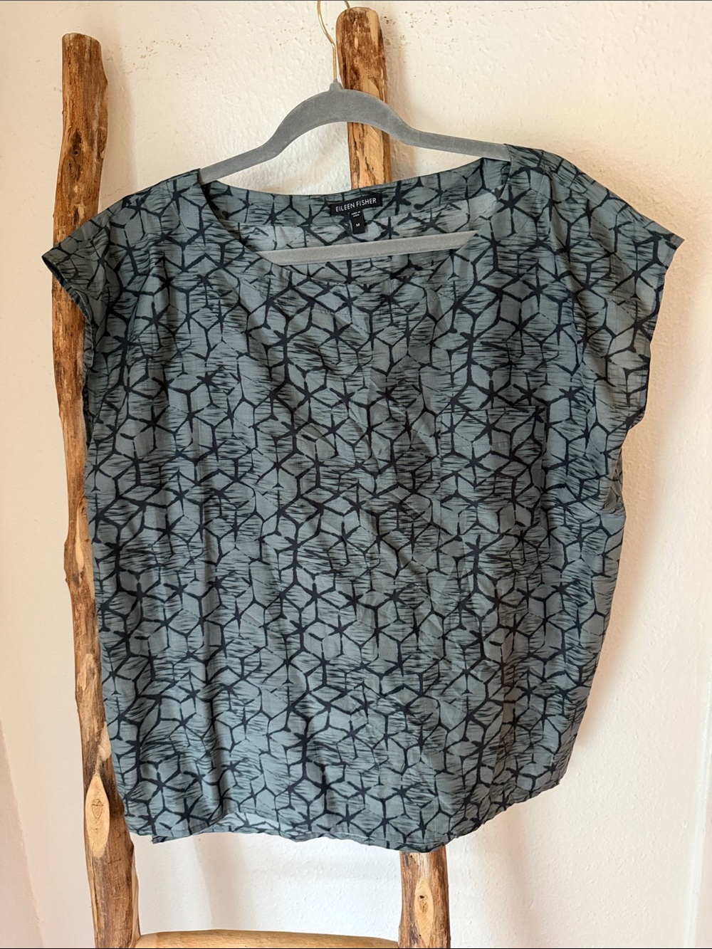 Eileen Fisher Blue Grey Lightweight Silk Cotton Geometric Print Relaxed Top Med